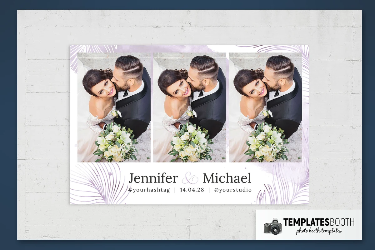 Purple wedding photo strip template with watercolor washes, feather-like line drawings, and a script ampersand
