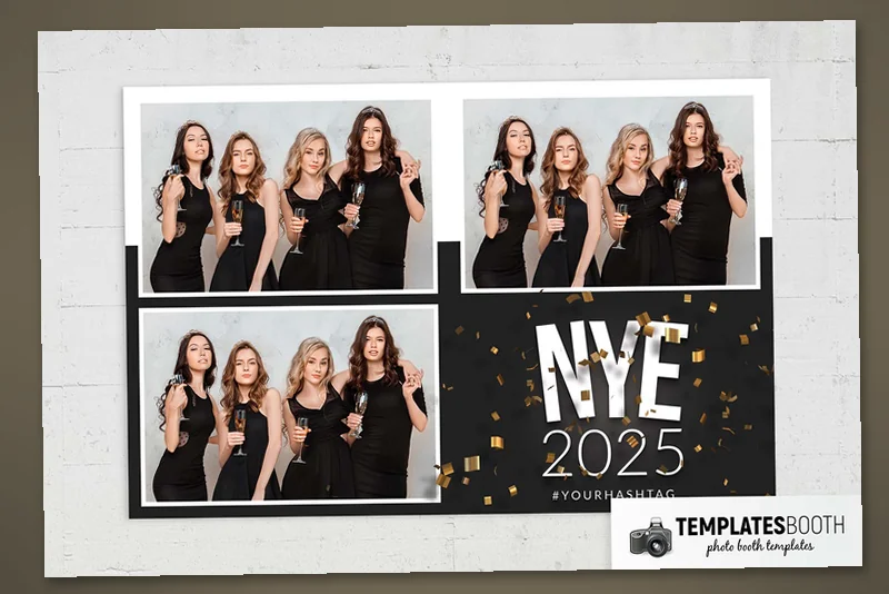 Free NYE Party photo booth template: landscape print with three photos and New Year's panel