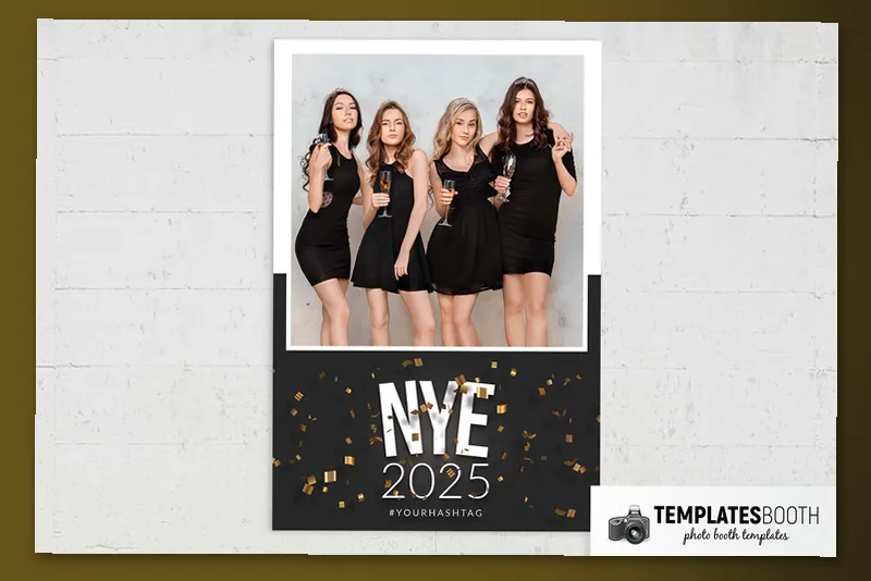 Free NYE Party photo booth template: portrait print with one photo above New Year's panel