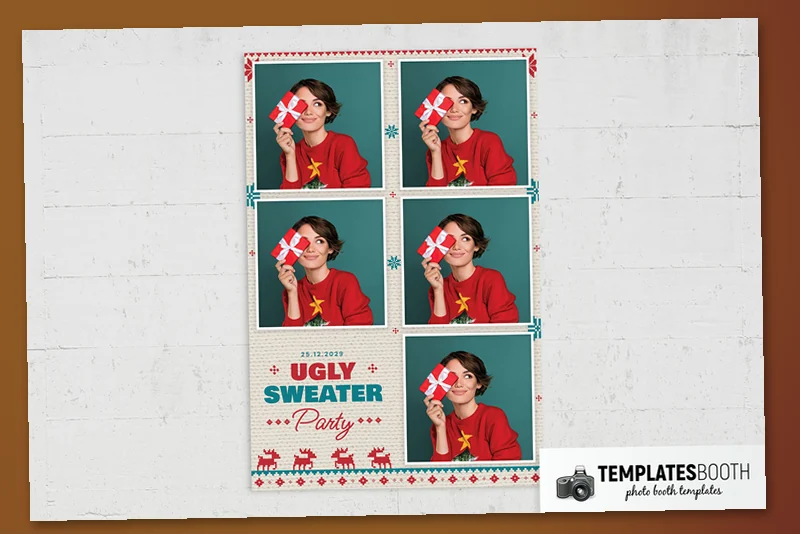 Free Ugly Christmas Sweater photo booth template: portrait print with five photos and party text