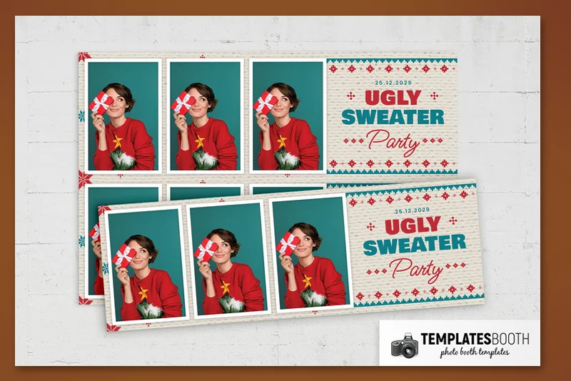 Free Ugly Christmas Sweater photo booth template: overlapping horizontal strips with three photos and party text