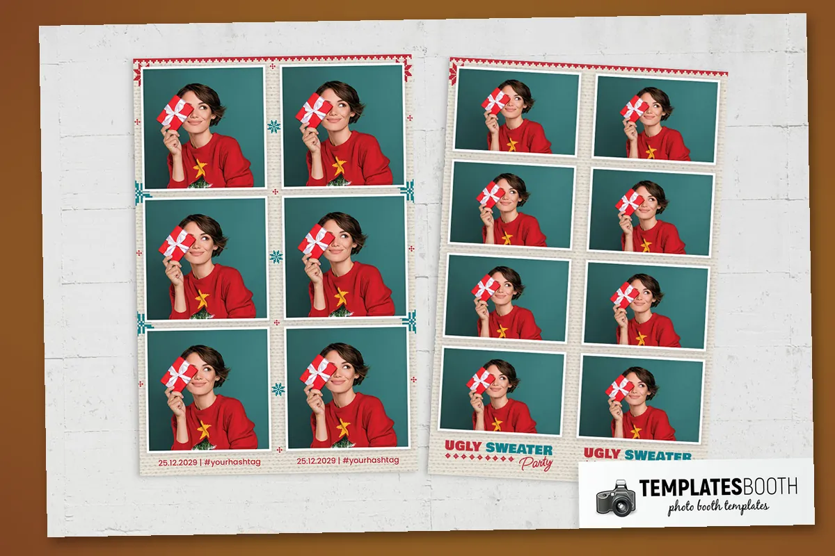 Ugly Christmas sweater photo booth template with red reindeer, teal snowflakes and an off-white knitted background