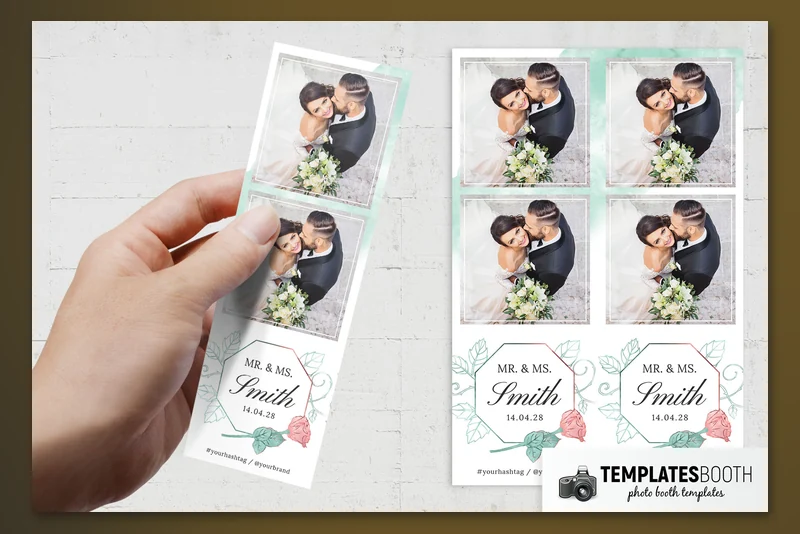 Free Watercolor Mint Wedding photo booth template: two-photo wedding strips, one held in a hand
