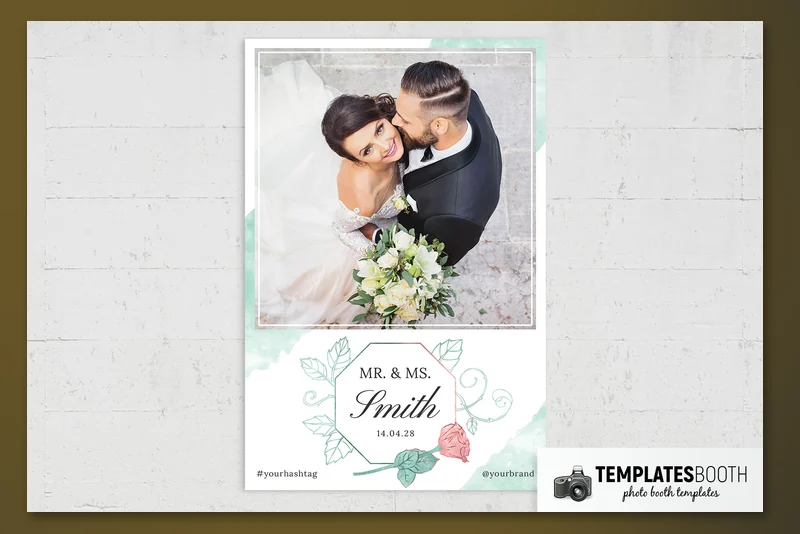 Free Watercolor Mint Wedding photo booth template: portrait wedding print with one photo above floral wedding text