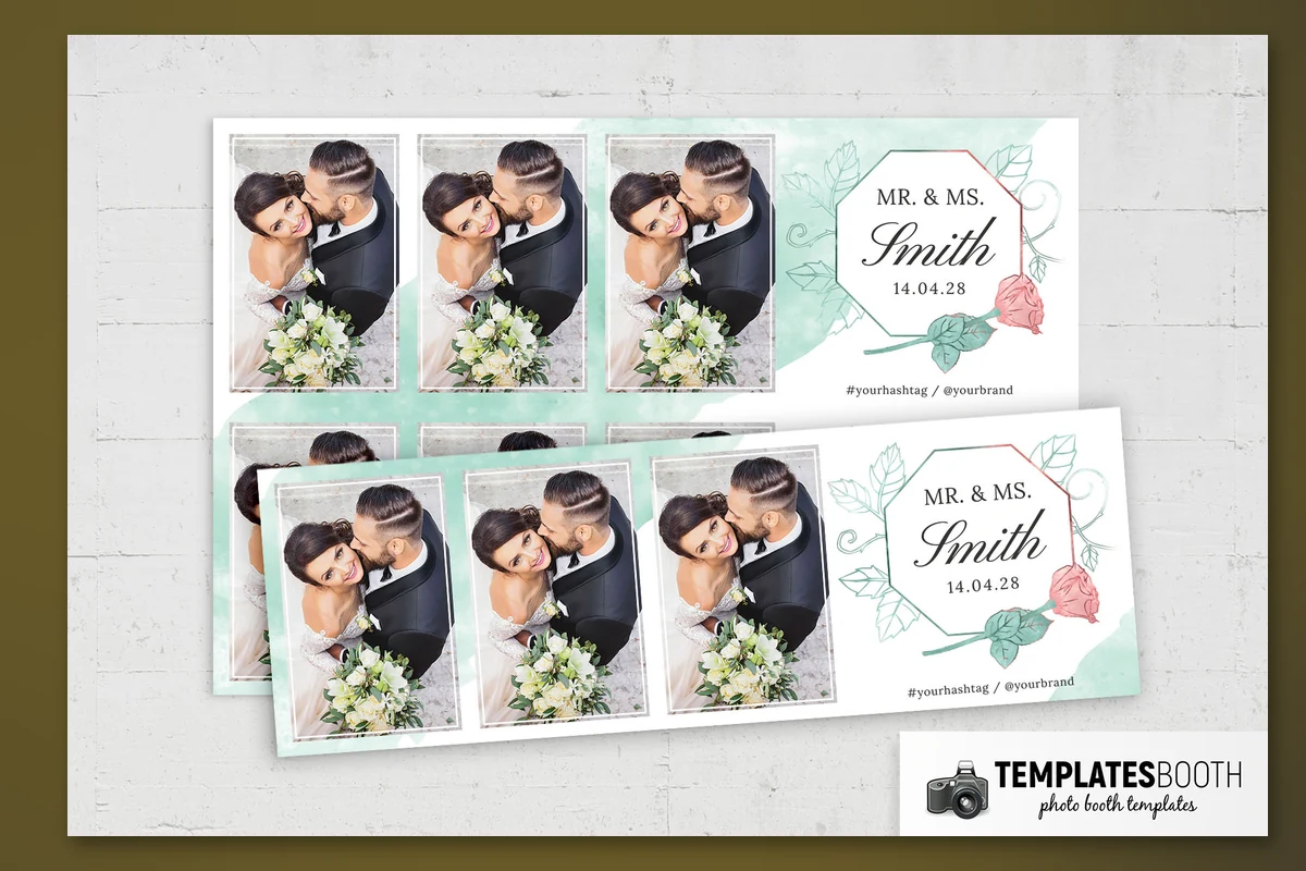 Mint watercolor wedding strip with two photos, an angular name badge, curling vines, and a pink rose