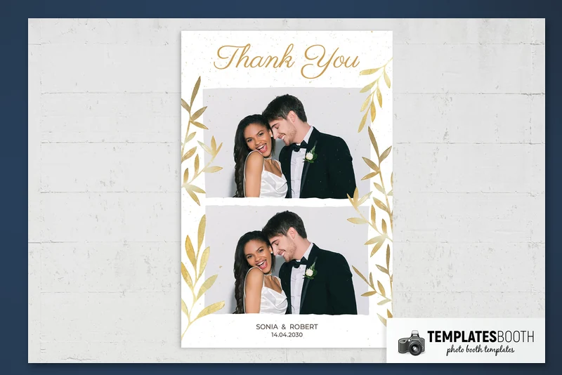 Free Wedding photo booth template: portrait print with two stacked photos and gold leaves