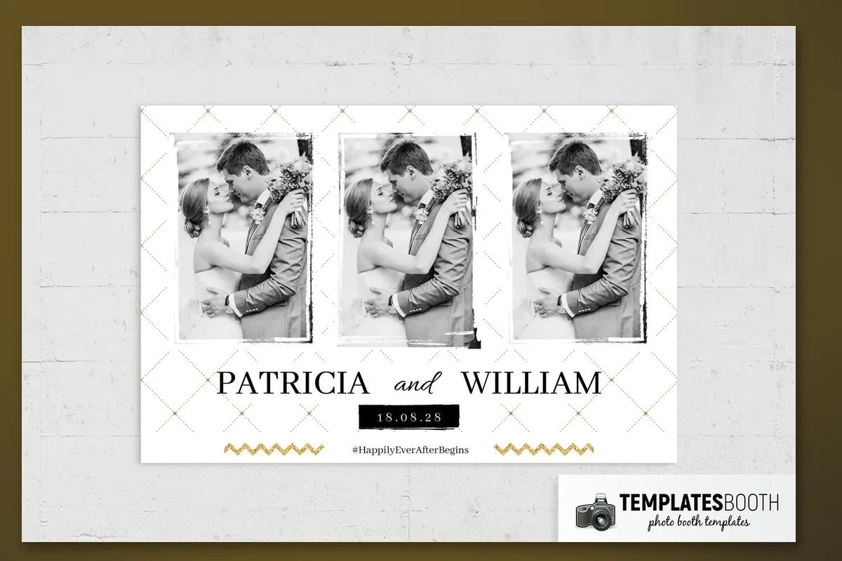 Wedding photo strip with dotted gold lattice, brushstroke photo borders, arrow details, and black lettering