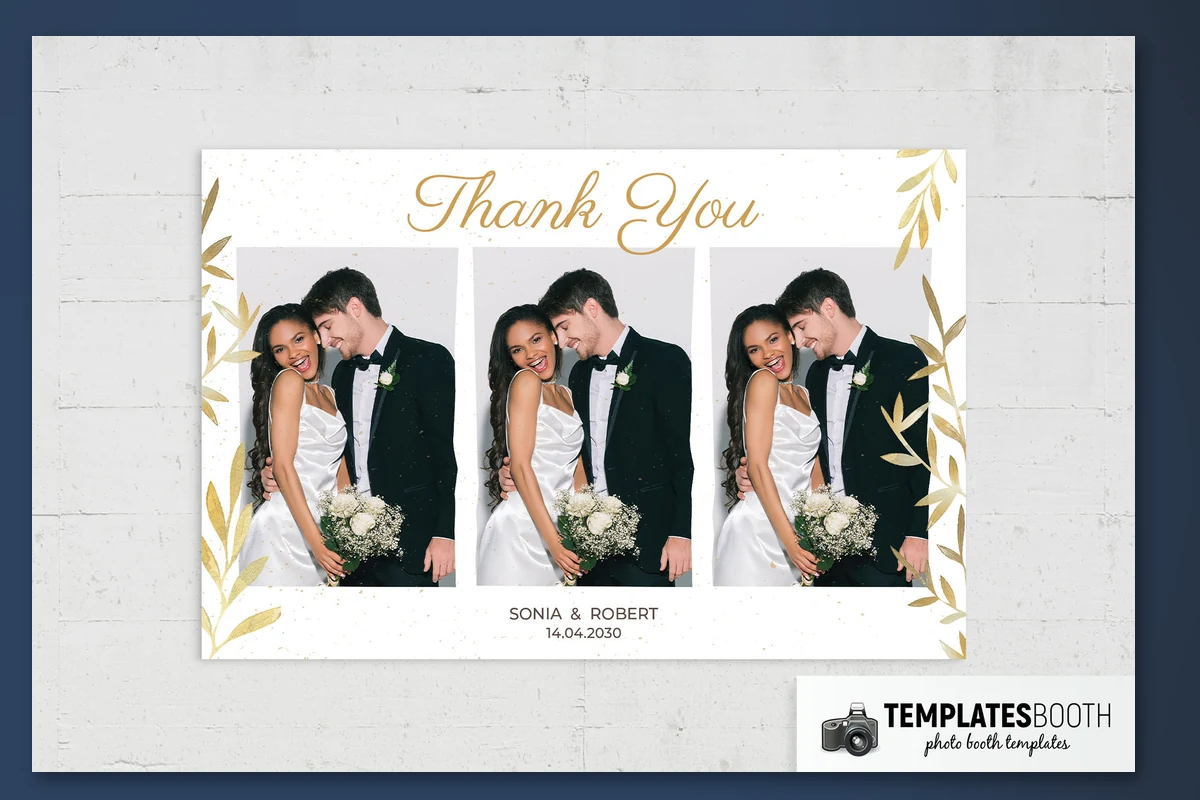 Wedding photo strip template with gold leafy branches, fine speckles, and two stacked photos on white