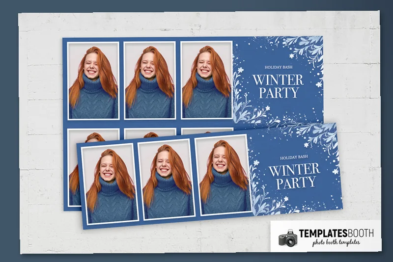 Free Winter Party photo booth template: horizontal strips with three photos on a white surface