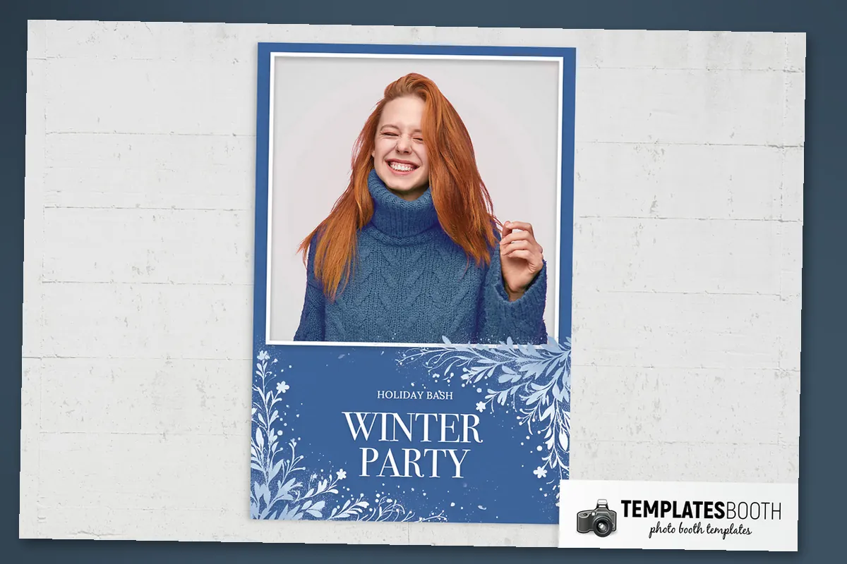 Free winter photo booth strip with a blue botanical background, white-bordered photos, and pale leafy sprigs
