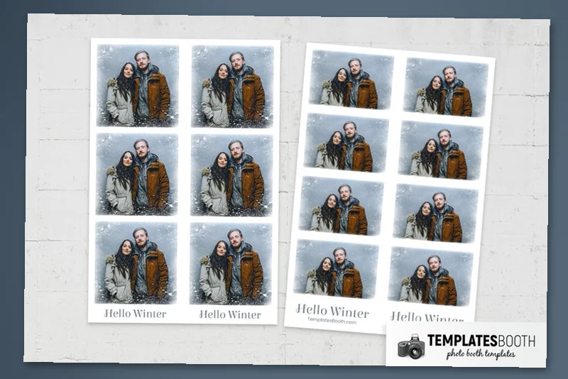 Free Winter photo booth template: paired three-photo winter strips beside paired four-photo strips