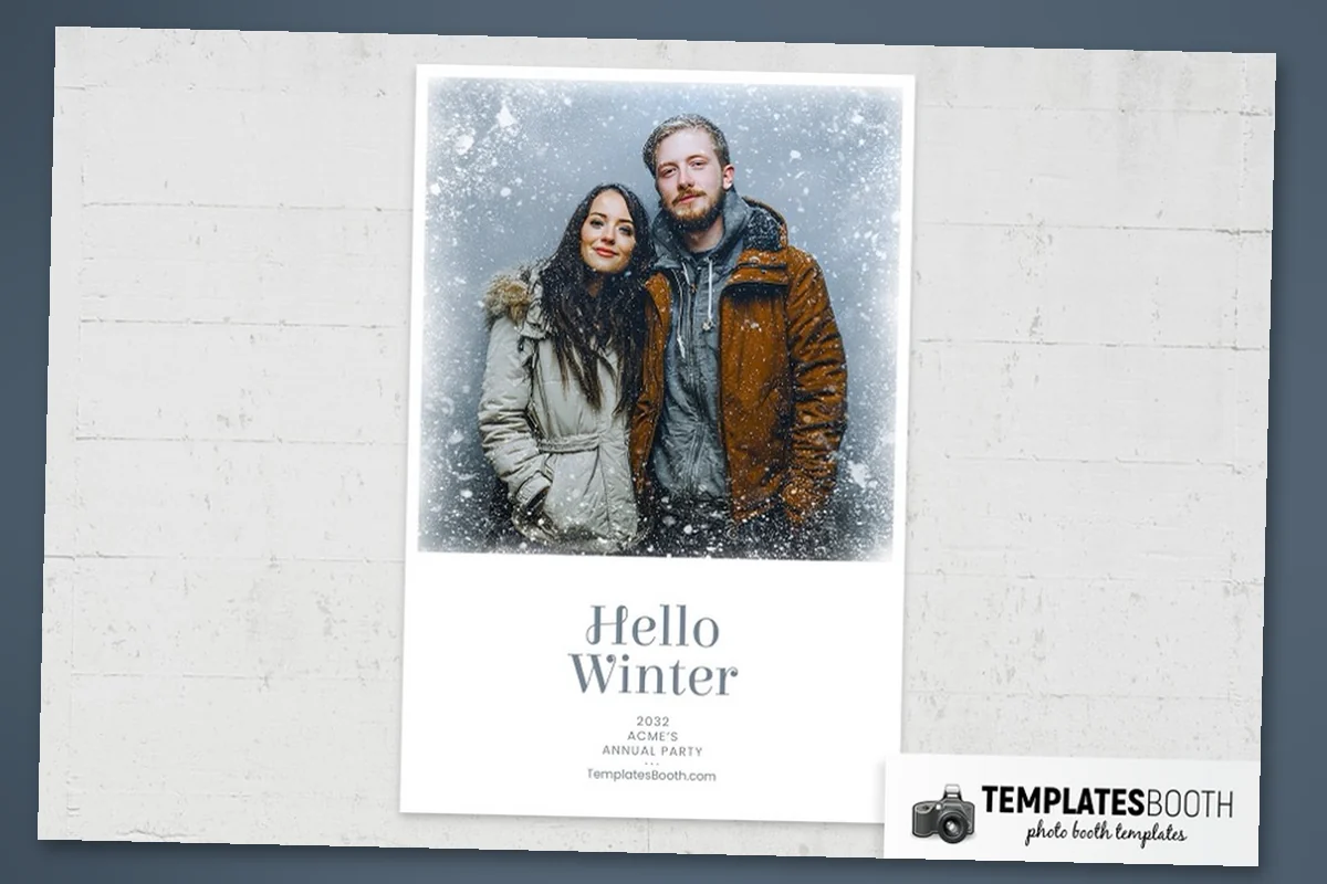 Winter photo strip template with two stacked photos, white snow speckles, frosted edges, and blue-gray serif text