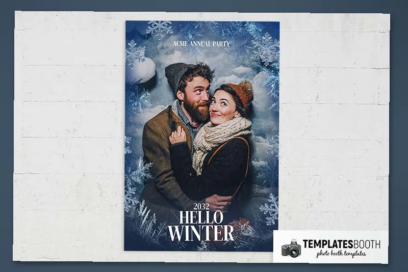 Frosty Winter photo booth template: portrait winter print with one photo on a white surface