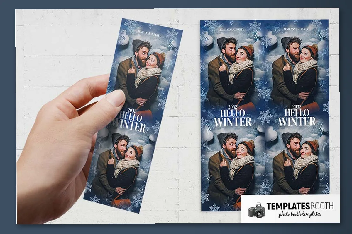 Frosty winter photo strip with a navy border, pale snowflakes, frosty branches, and wording between two photos
