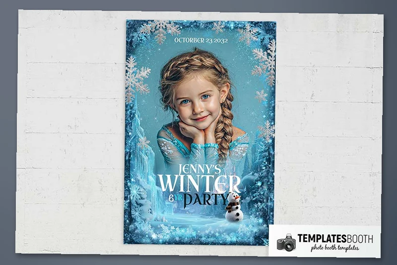 Frozen Birthday photo booth template: portrait print with one photo and winter decorations on white brick