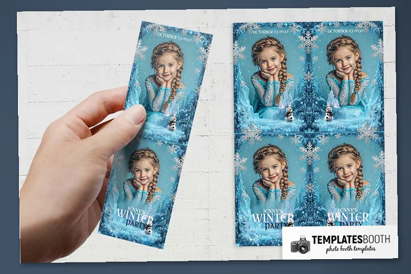 Frozen Birthday photo booth template: two-photo strip held beside a four-photo portrait print