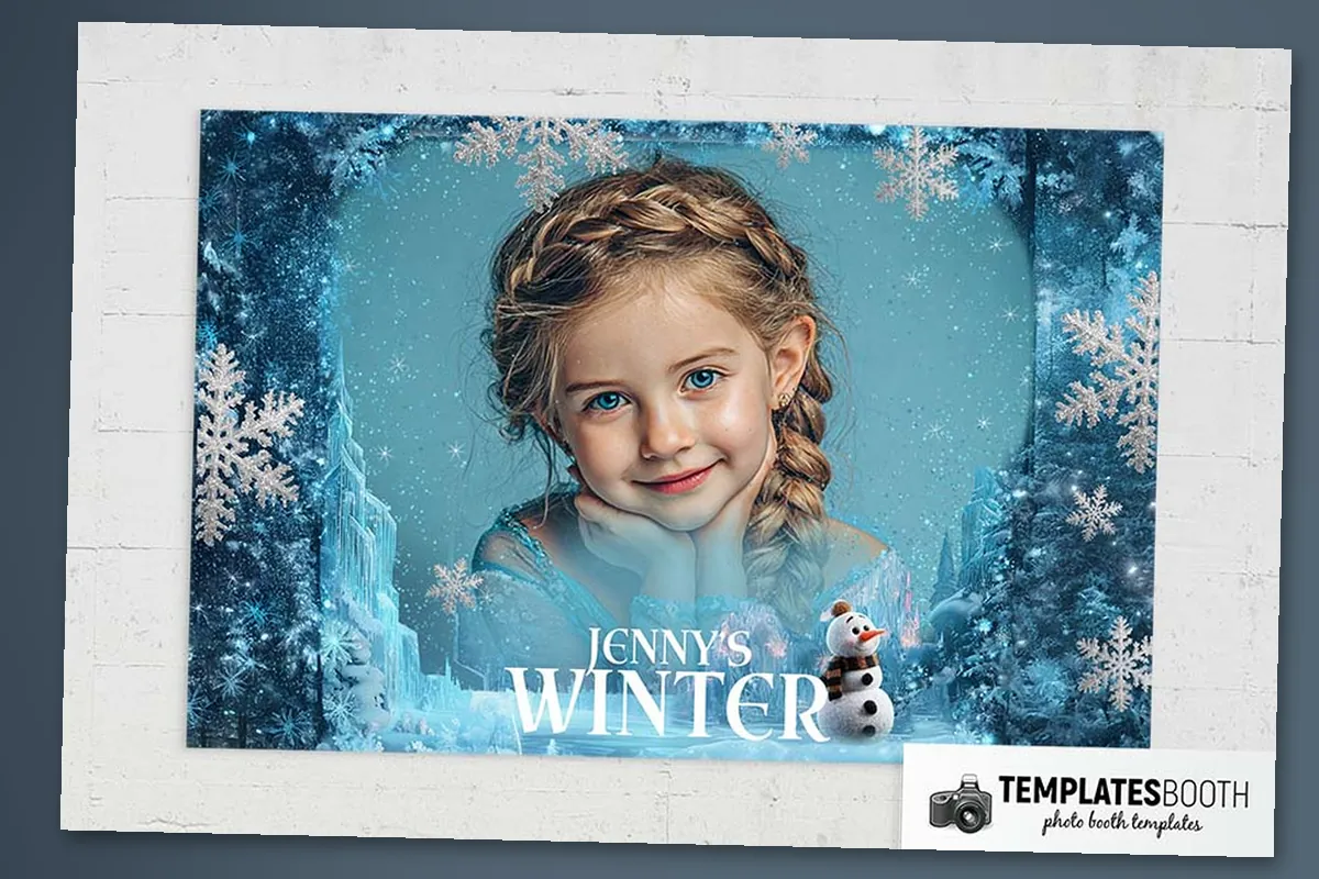 Winter birthday photo strip with icy castles, snowmen, snowy trees, and two frosted photo openings