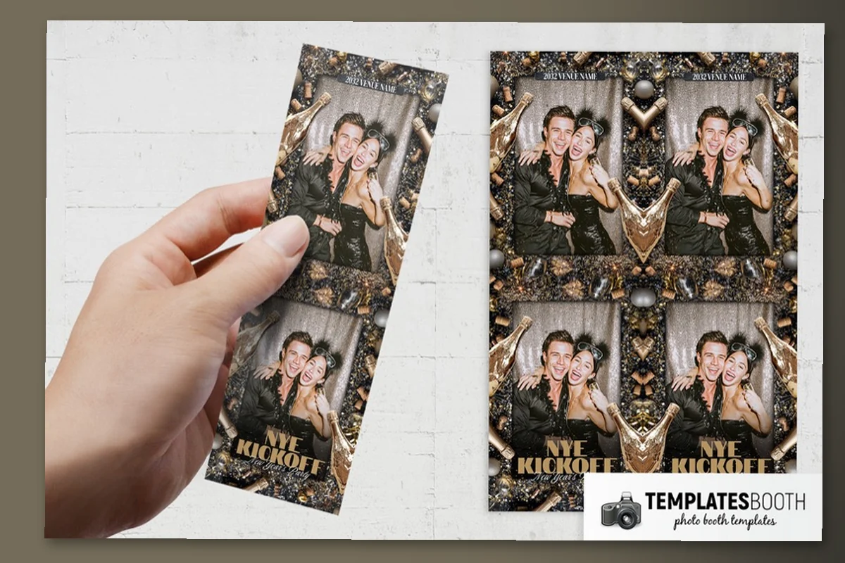 Gold Bottle NYE photo booth template with oversized champagne bottles, glasses, corks and gold confetti on black