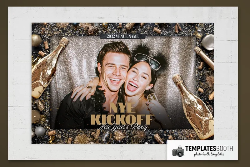 Gold Bottle NYE photo booth template: landscape print with one photo and gold champagne bottle borders