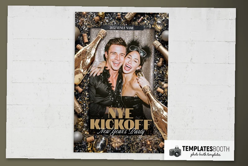 Gold Bottle NYE photo booth template: portrait print with one photo and gold champagne bottle borders