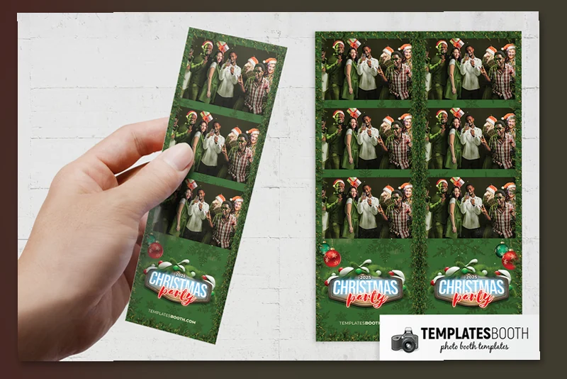 Green Christmas photo booth template: hand holding Christmas strip with three stacked photos