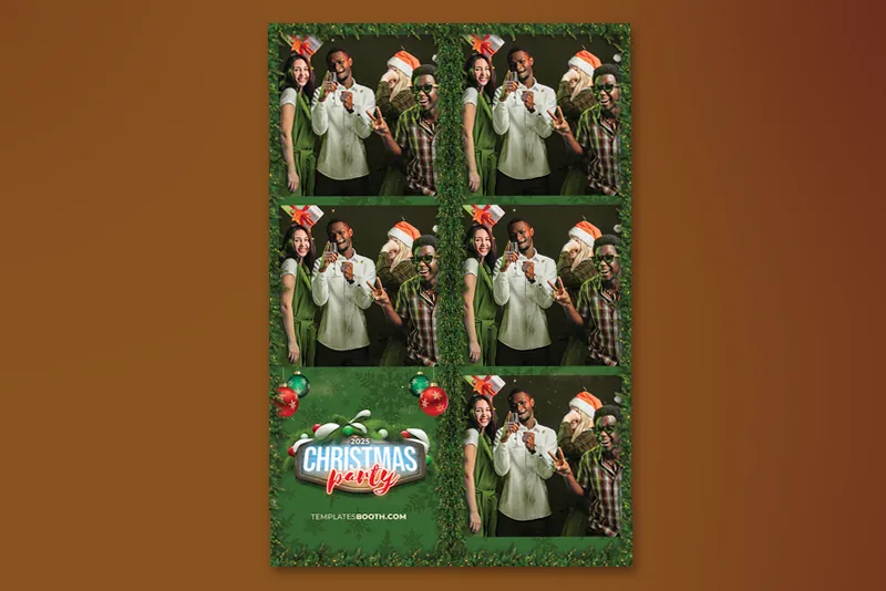 Green Christmas photo booth template: portrait Christmas layout with five photos and lower-left logo