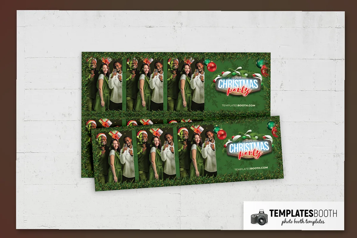 Green Christmas photo booth template with evergreen branches, hanging baubles and a snowy wooden sign
