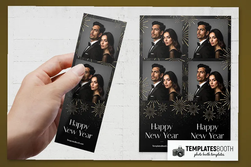 Happy New Year photo booth template: two-photo New Year strip held beside two matching strips