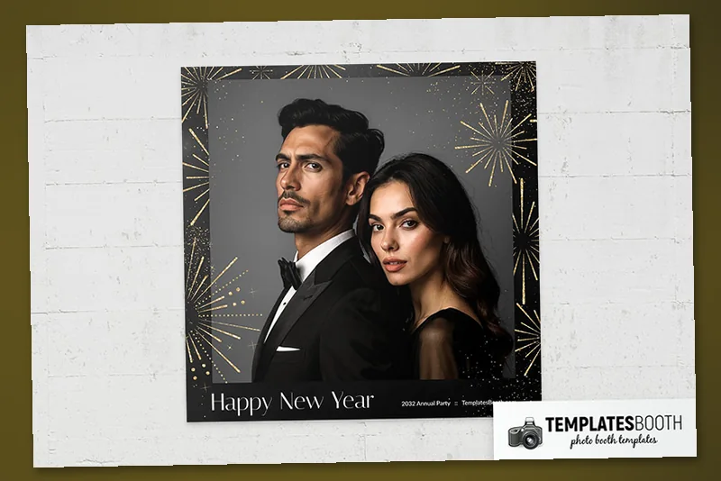 Happy New Year photo booth template: square print with one photo and Happy New Year footer