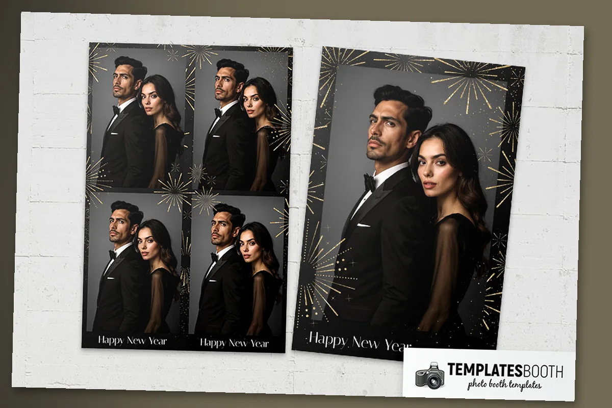 New Year photo booth strip with fine gold fireworks, scattered stars and white serif lettering on a black footer