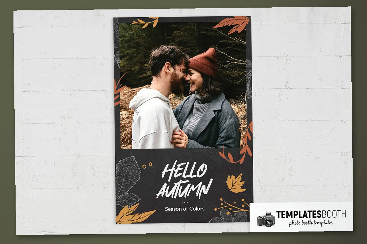 Autumn photo booth template with two stacked photos, textured black borders and orange, yellow and white leaves