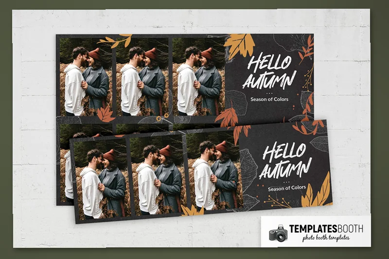 Hello Autumn Free photo booth template: two horizontal strips with three photos and autumn leaves