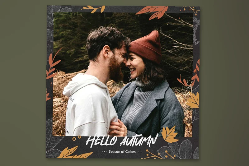 Hello Autumn Free photo booth template: square layout with one photo and autumn leaf border