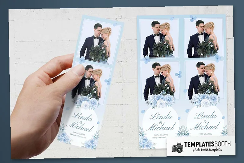 Ice Blue Wedding photo booth template: hand holding blue floral strip with two stacked photos