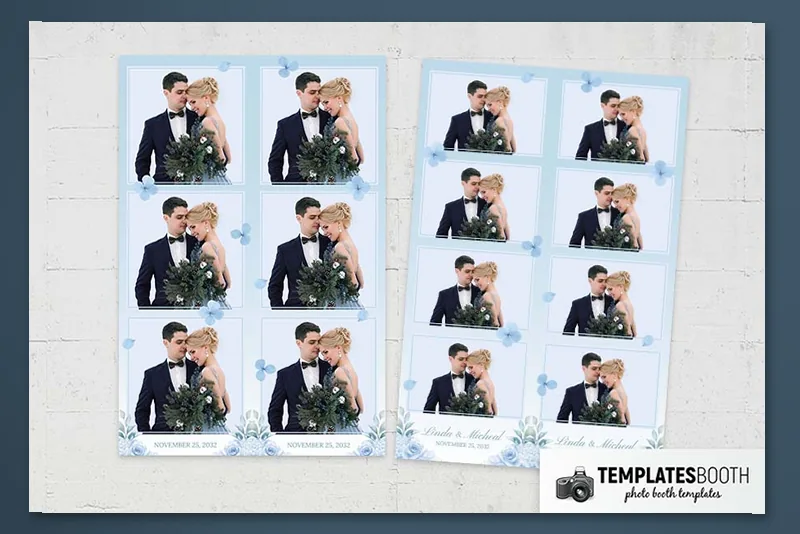 Ice Blue Wedding photo booth template: blue floral portrait prints with six and eight photos