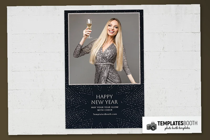 Minimalist New Year photo booth template: portrait print with one photo above New Year greeting
