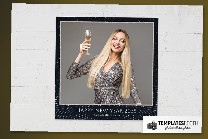 Minimalist New Year photo booth template: square print with one photo and New Year footer