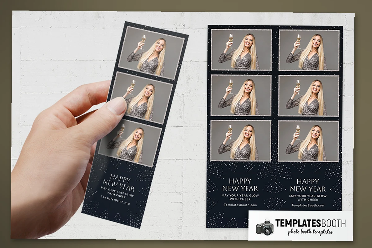 New Year photo strip template with navy background, silver glitter-effect frames, small stars and dotted angular rays