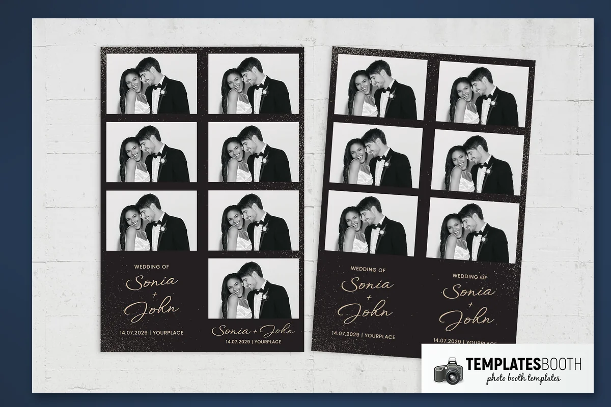Black wedding photo strip with fine gold speckles, two rectangular photo openings, and flowing gold script