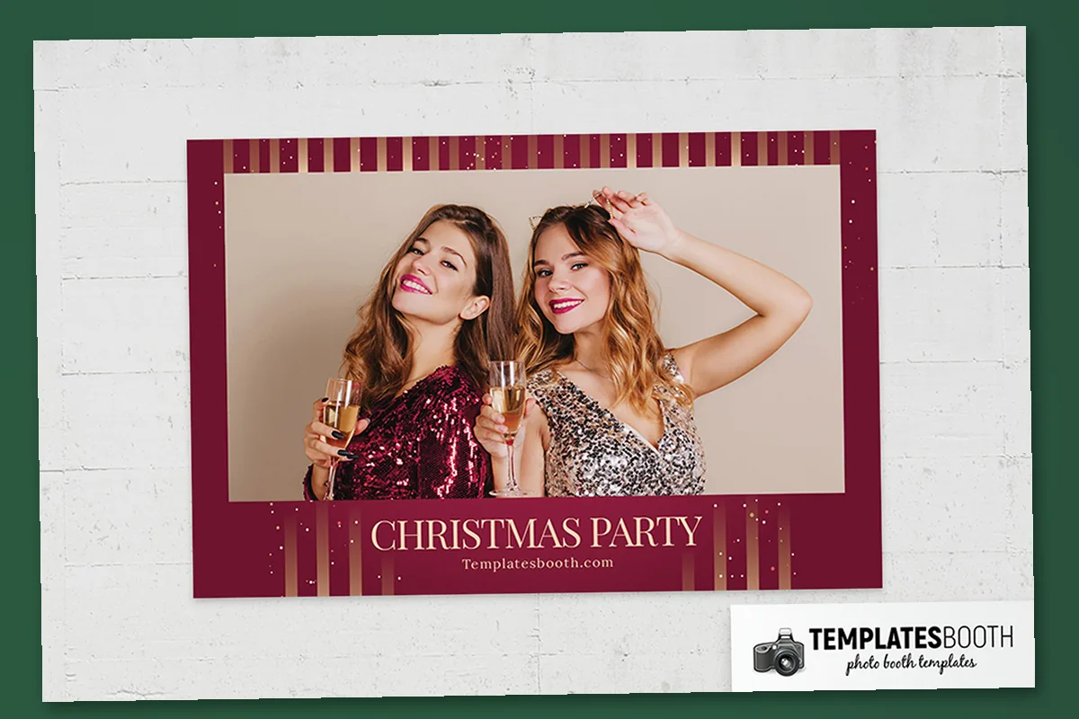 Modern Christmas photo booth template with deep red borders, vertical gold bars and a leaping gold reindeer
