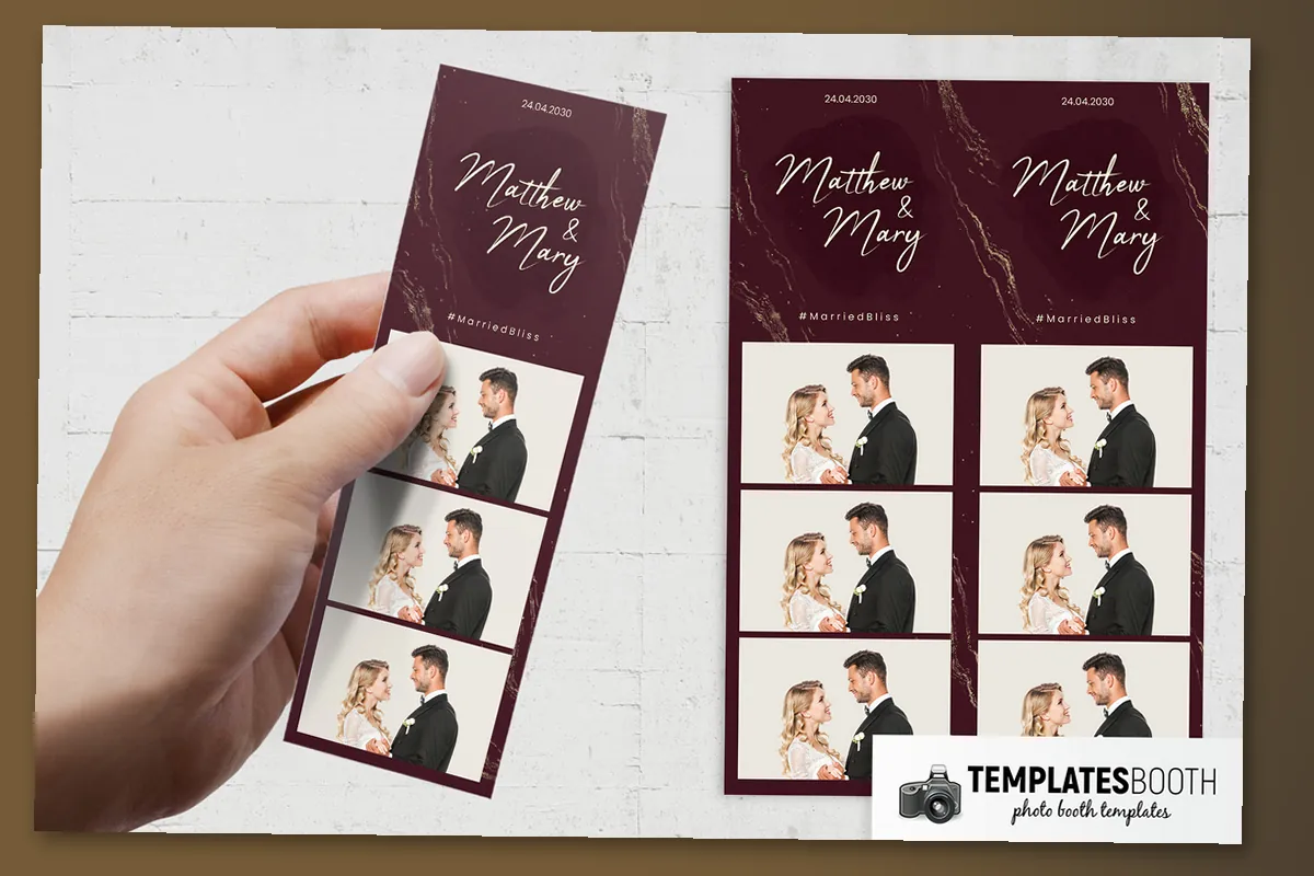 Moody burgundy wedding photo booth template with irregular gold marble veins, gold specks and cream script