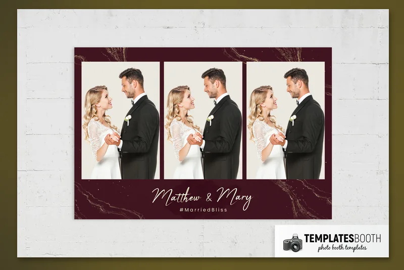 Moody Burgundy photo booth template: burgundy landscape print with three photos and names