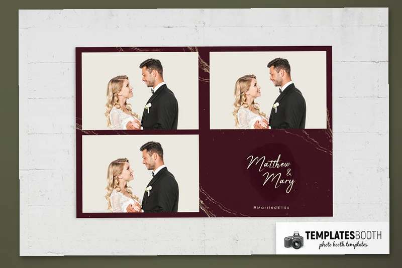 Moody Burgundy photo booth template: burgundy landscape print with three photos and wedding names