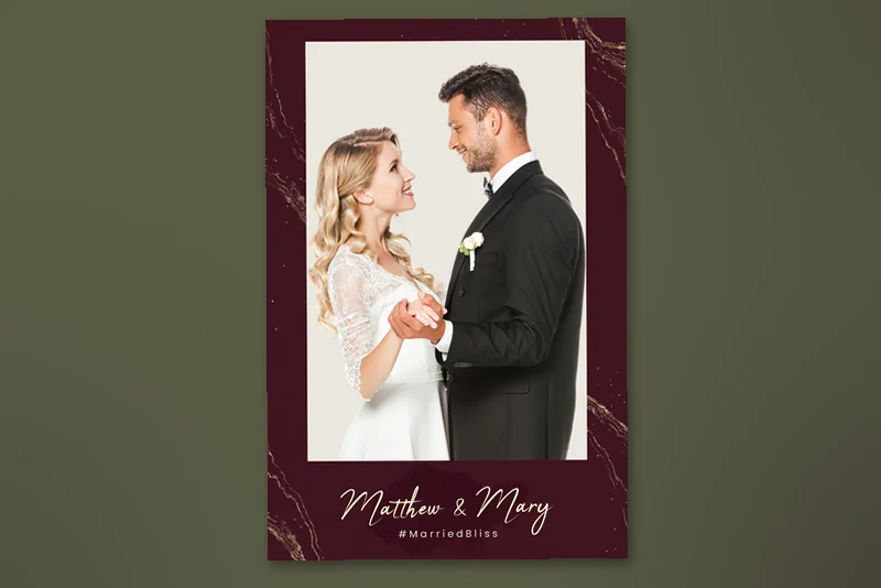 Moody Burgundy photo booth template: burgundy portrait layout with one photo and names