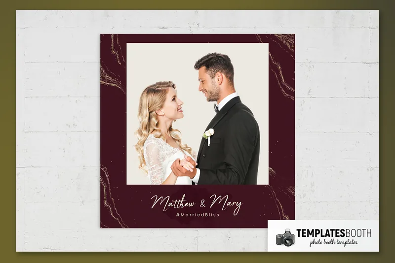 Moody Burgundy photo booth template: burgundy square print with one photo and names
