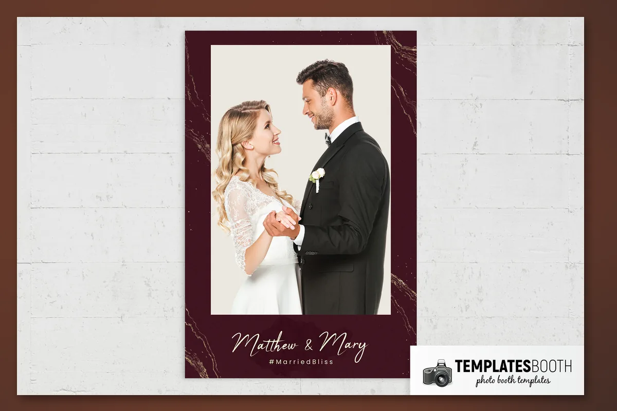 Burgundy wedding photo booth template with gold marble veins, layered dark texture, and cream handwritten script