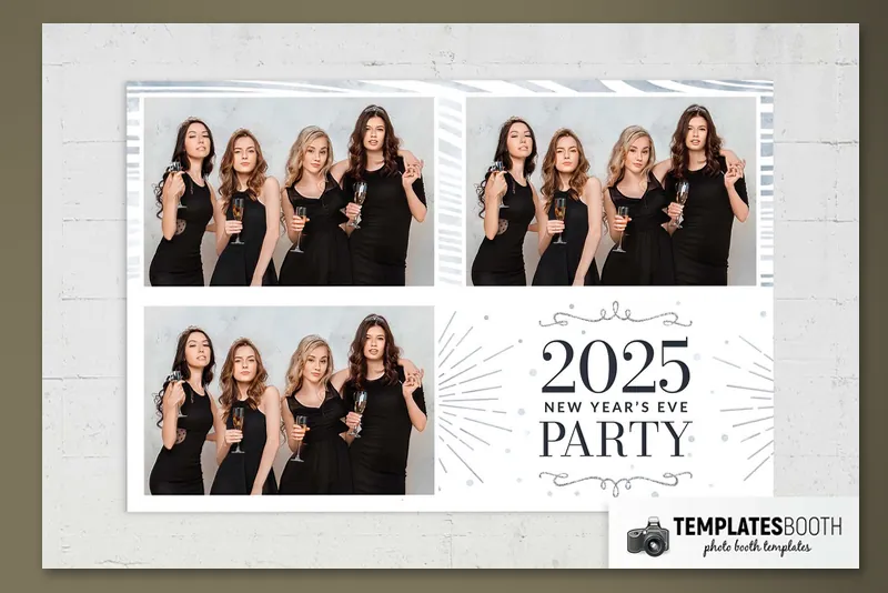 New Year Party photo booth template: landscape print with three photos displayed on wall
