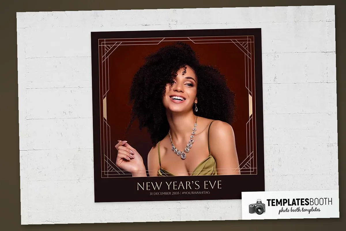 Black and cream New Year photo strip with two stacked photos, angular Art Deco borders and a cream footer
