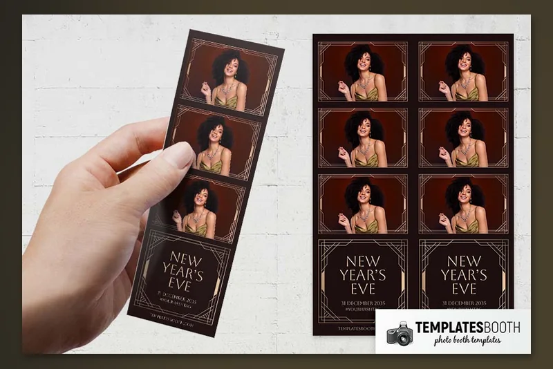 NYE Art Deco photo booth template: three-photo strip held beside matching strips on a wall