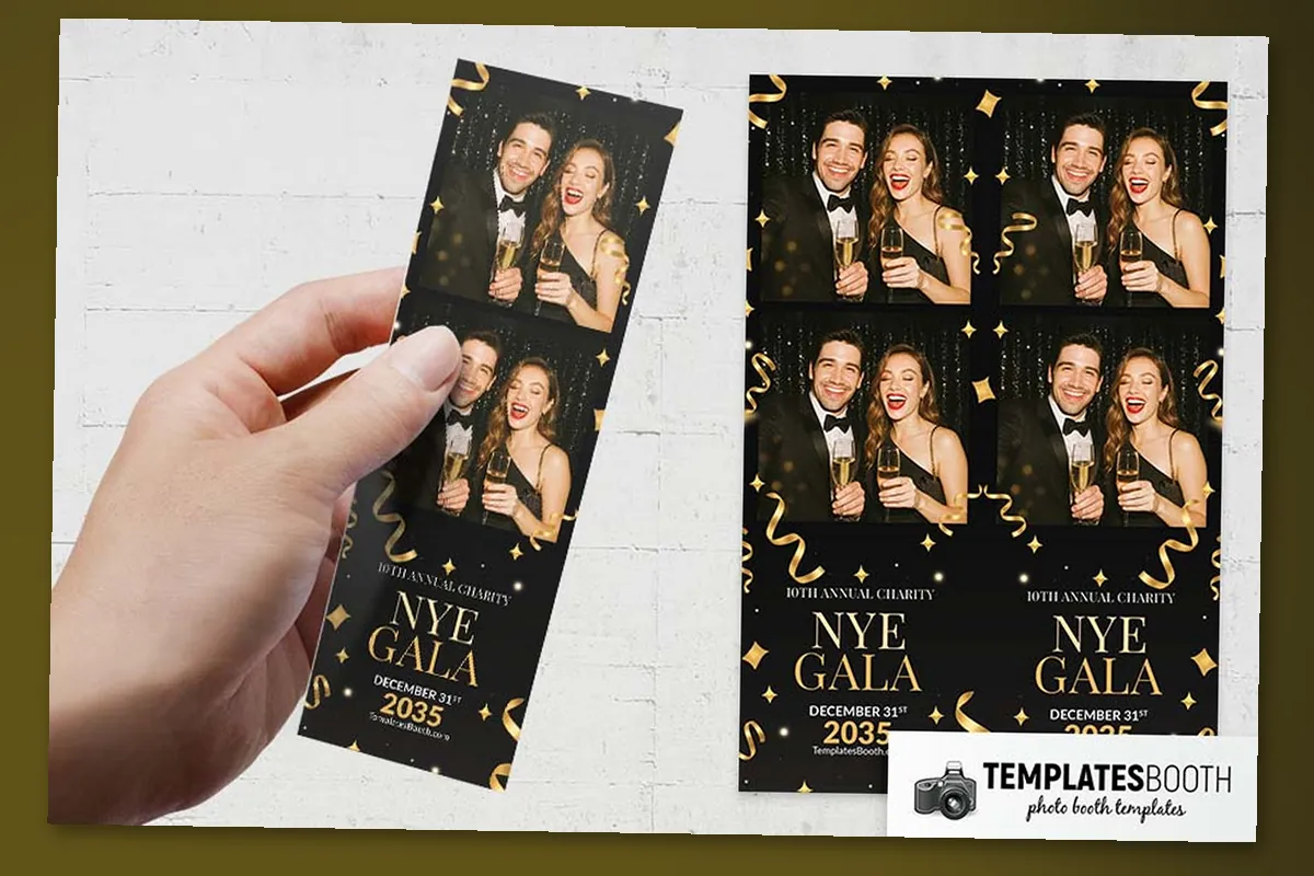 NYE photo strip template with curling gold ribbons, four-point stars and a gold serif footer on black